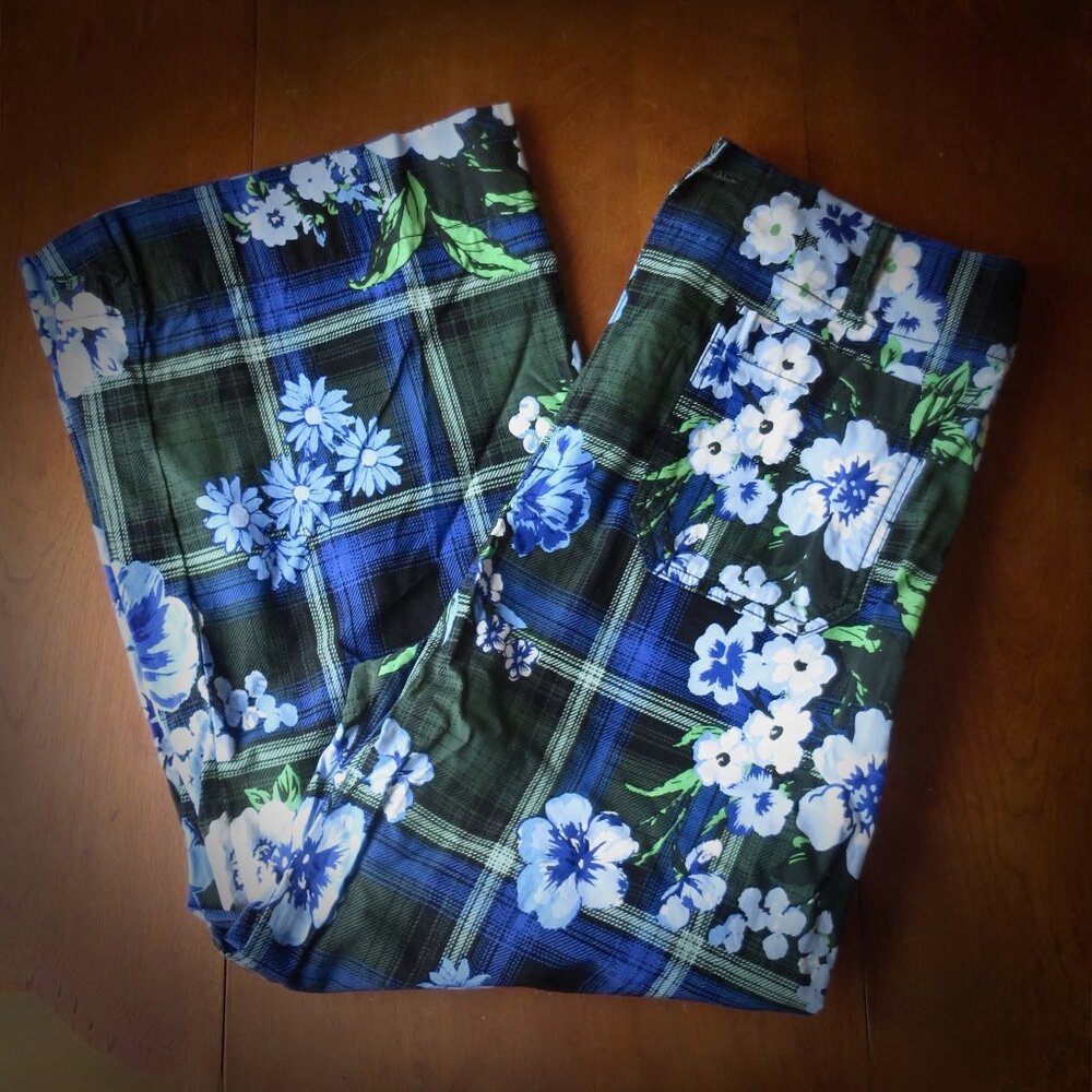Maeve Anthropologie Pants Collette Size 29Petite Blue and Green Cropped Wide Leg